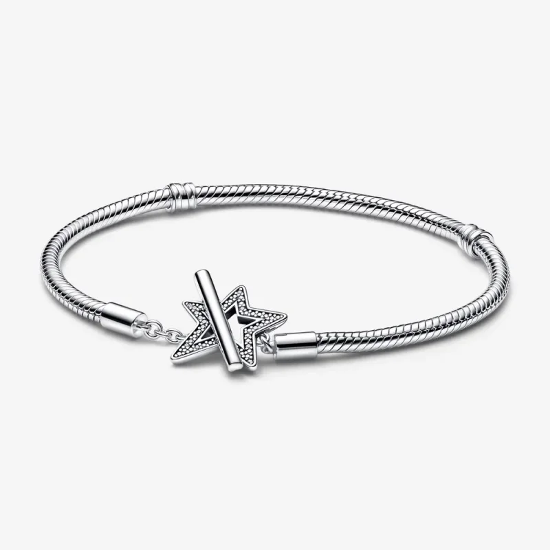 (zdjęcie do) Pandora Moments Bransoletka z asymetryczną gwiazdą i łańcuszkiem wężowym z T-klinem - 592357C01