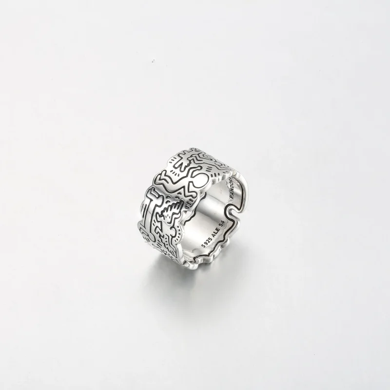 (zdjęcie do) Szeroki pierścionek Keith Haring™ x Pandora Line Art Love & People - 192222C01 - Wyświetl 2