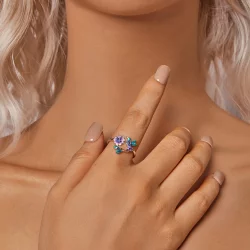 Otwarty pierścionek w stylu PANDORA w kształcie kwiatu i ptaka - BSR536-E