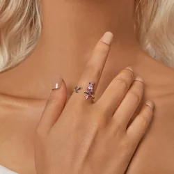 Otwarty pierścionek z różową papugą w stylu PANDORA - BSR551-E
