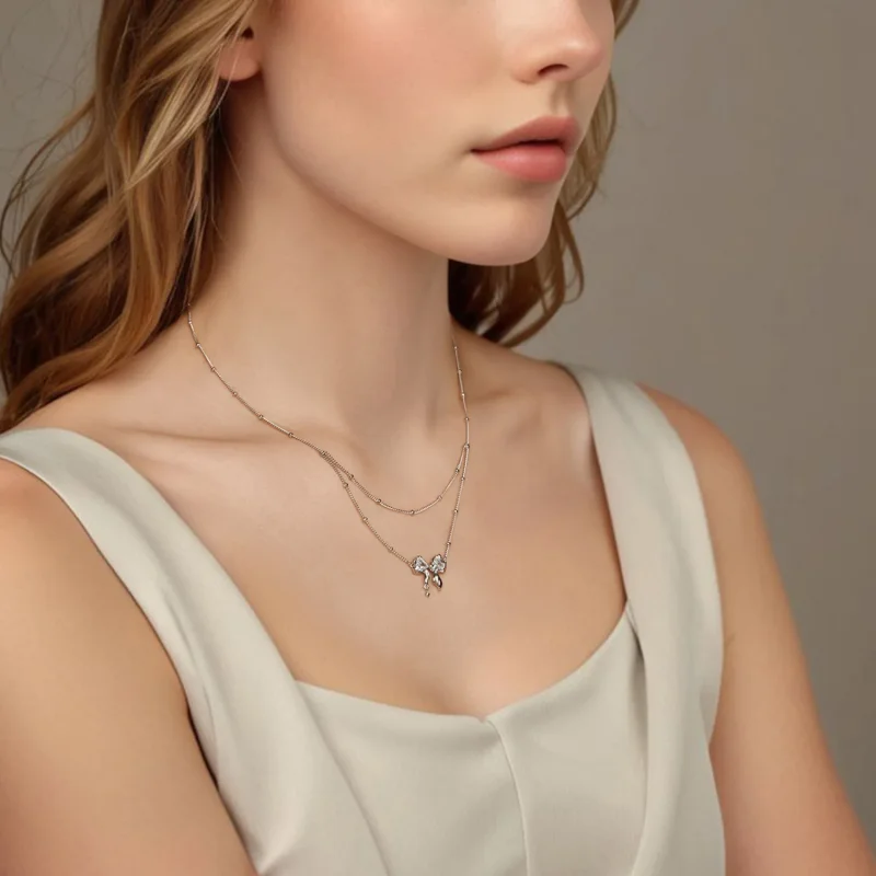 (zdjęcie do) Naszyjnik w stylu PANDORA Shining Bow Chain - BSN398 - Wyświetl 6