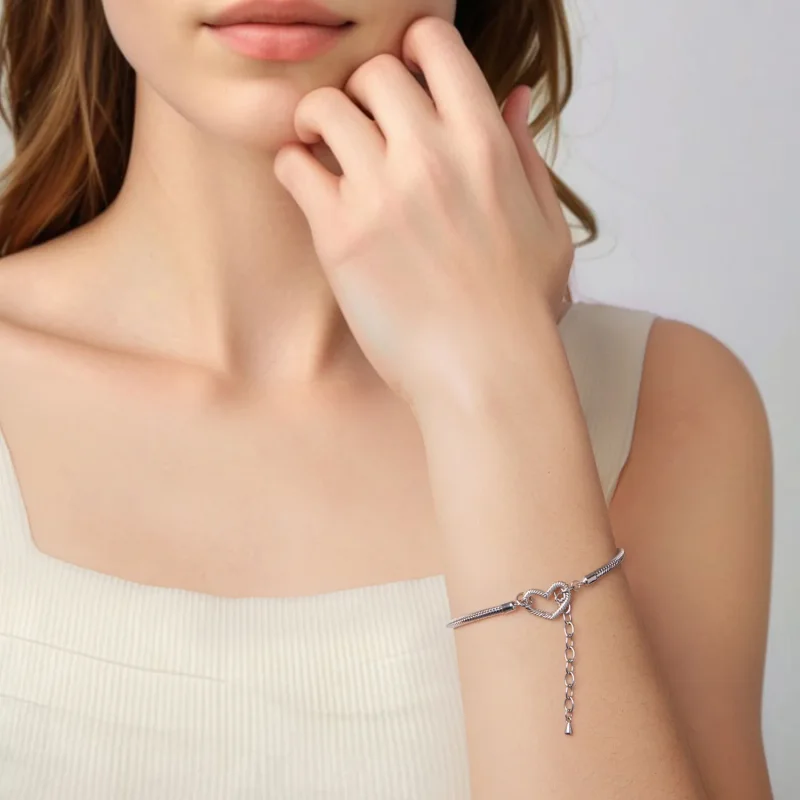 (zdjęcie do) Pandora Style Heart Base 925 Srebrna Bransoletka - Platerowana Platyną - BSB213 - Wyświetl 5
