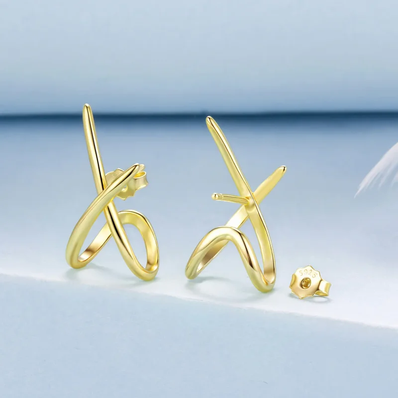 (zdjęcie do) Pandora Style S925 Srebrne Kolczyki Słupki Minimalistyczne X-Line z Pozłoceniem - Wyświetl 2