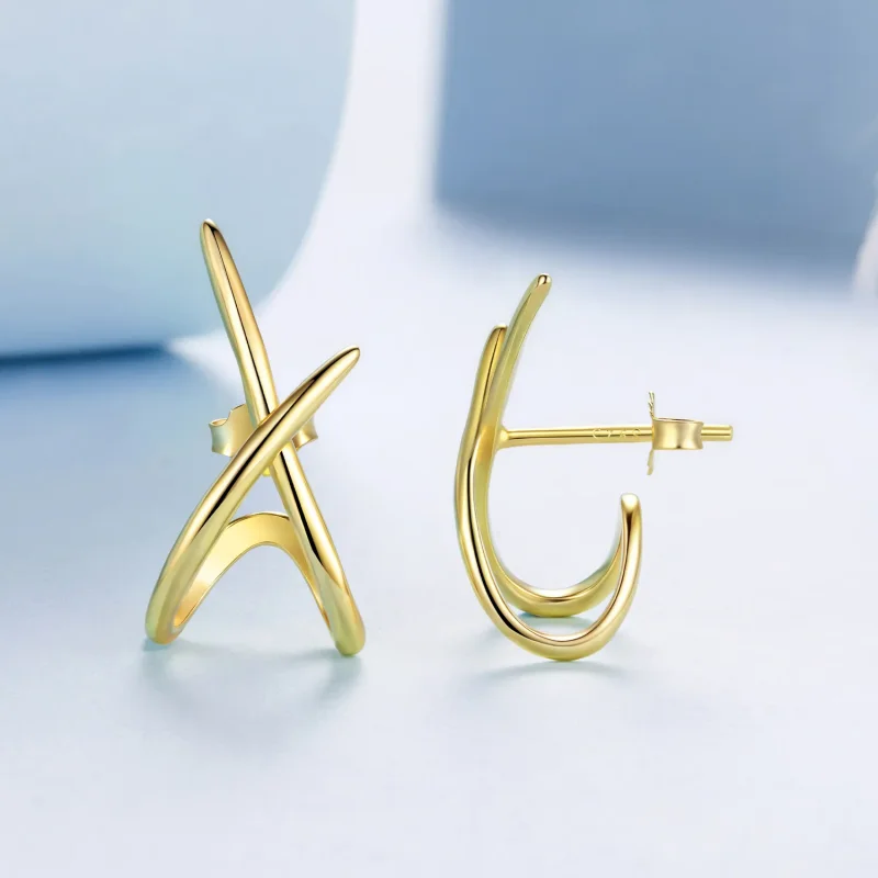 (zdjęcie do) Pandora Style S925 Srebrne Kolczyki Słupki Minimalistyczne X-Line z Pozłoceniem - Wyświetl 4