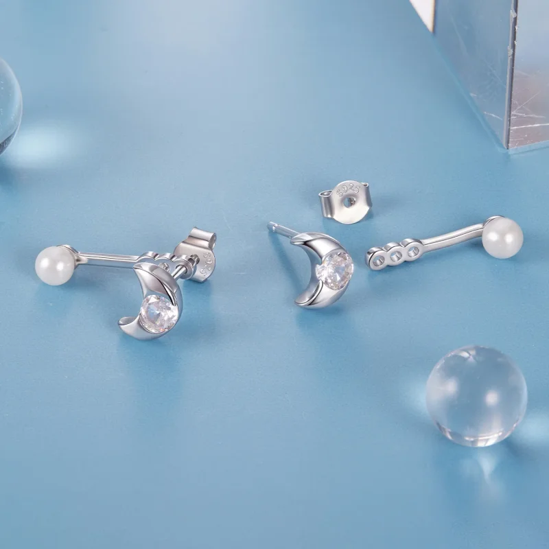 (zdjęcie do) Pandora Style 925 Srebro Próby Front-Back Kolczyki Słupki Księżycowe z Cyrkoniam - Wyświetl 4