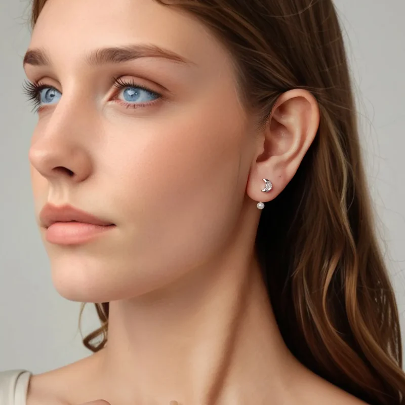 (zdjęcie do) Pandora Style 925 Srebro Próby Front-Back Kolczyki Słupki Księżycowe z Cyrkoniam - Wyświetl 7