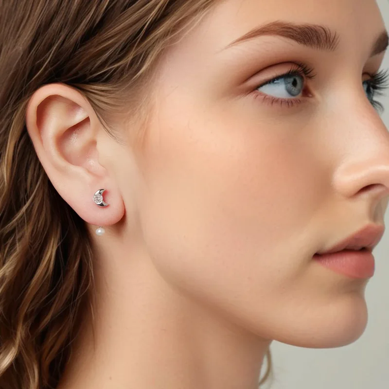 (zdjęcie do) Pandora Style 925 Srebro Próby Front-Back Kolczyki Słupki Księżycowe z Cyrkoniam - Wyświetl 8