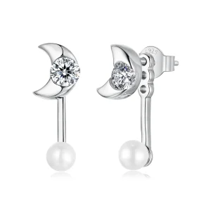 (zdjęcie do) Pandora Style 925 Srebro Próby Front-Back Kolczyki Słupki Księżycowe z Cyrkoniami, Perłą i Platerowaniem Platyną - BSE1209