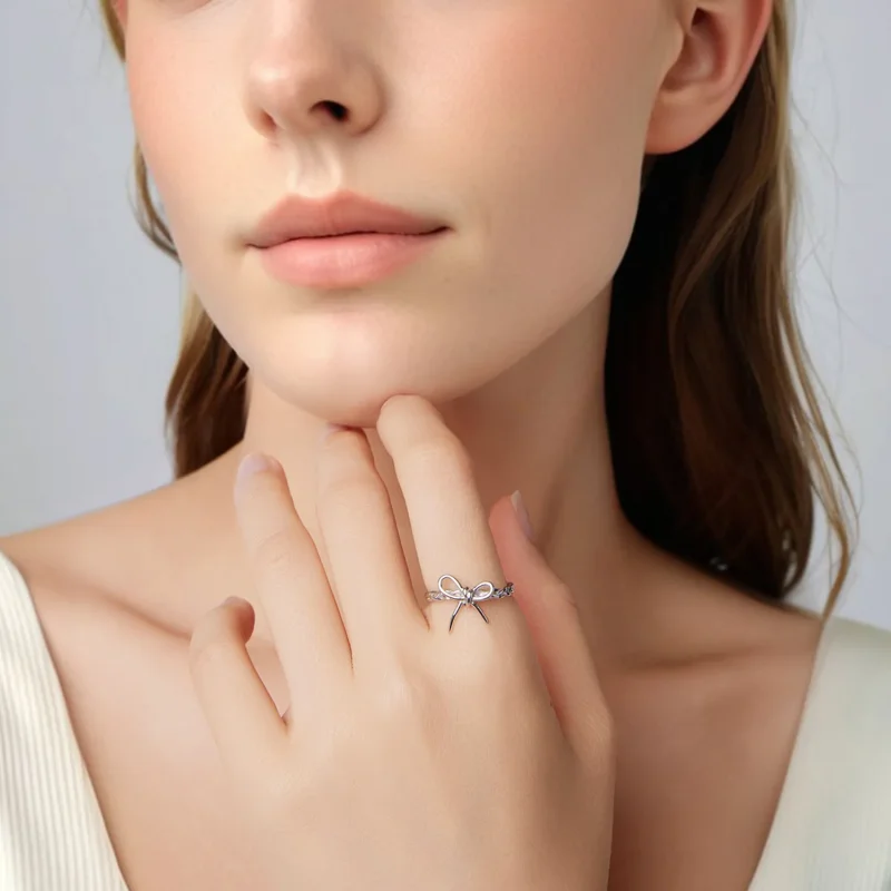 (zdjęcie do) Pandora Style 925 Srebrna Pierścionek Otwarty z Plecioną Kokardą - Platynowany - - Wyświetl 7