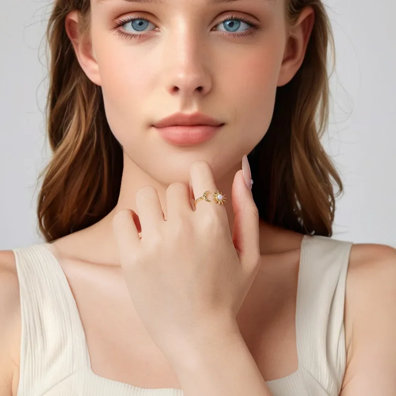 (zdjęcie do) Pandora Style 925 Srebrna pierścionek otwarty Słońce Księżyc z syntetycznym opal - Wyświetl 6