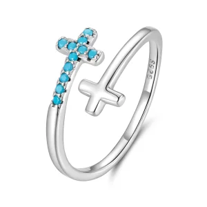 Pandora Style 925 Srebrna Pierścionek z Otwartym Krzyżem i Syntetycznym Turkusem - Oksydowana Biżuteria - BSR688-E (zdjęcie do) Pandora Style 925 Srebrna Pierścionek z Otwartym Krzyżem i Syntetycznym Turkusem - Oksydowana Biżuteria - BSR688-E
