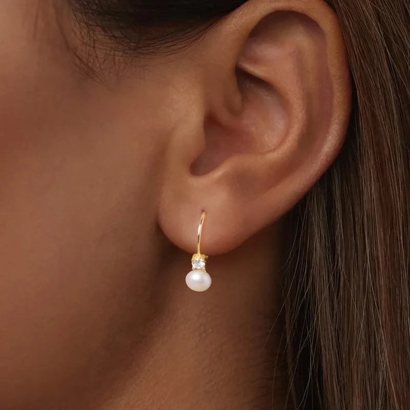 (zdjęcie do) Pandora Style 925 Srebrne Kolczyki z Perłą i Moissanitem na Sprężynie z Certyfik - Wyświetl 5