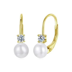 (zdjęcie do) Pandora Style 925 Srebrne Kolczyki z Perłą i Moissanitem na Sprężynie z Certyfikatem - Pozłacane - MSE078-B