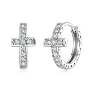 (zdjęcie do) Pandora Style 925 Srebrne Kolczyki Obręczowe z Krzyżem i Moissanitem z Certyfikatem - Platerowane Platyną - MSE098