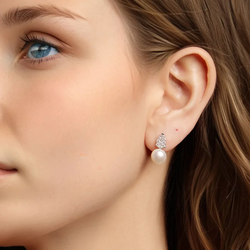 (zdjęcie do) Pandora Style Kolczyki z Perłą Słodkowodną i Moissanitem w Kształcie Tykwki z Pl - Wyświetl 6