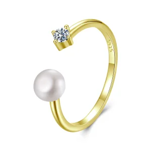 Pierścionek otwarty Pandora Style-Inspired z perłą i moissanitem ze srebra próby 925 z pozłoceniem i certyfikatem - MSR066-EB (zdjęcie do) Pierścionek otwarty Pandora Style-Inspired z perłą i moissanitem ze srebra próby 925 z pozłoceniem i certyfikatem - MSR066-EB