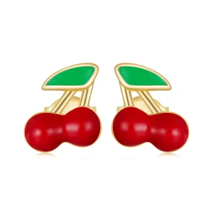 Pandora Style Słodkie Wiśniowe Kolczyki Kulki z Emalią - 925 Srebro Próby z Pozłoceniem - SCE1938 (zdjęcie do) Pandora Style Słodkie Wiśniowe Kolczyki Kulki z Emalią - 925 Srebro Próby z Pozłoceniem - SCE1938