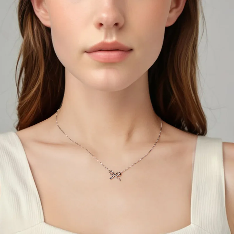 (zdjęcie do) Pandora Style Bowknot Pendant Necklace - 925 Srebro z Platerowane Platyną - SCN5 - Wyświetl 6