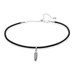 (zdjęcie do) Srebrny Choker, Czarna Skóra, Cyrkonia Sześcienna Pandora