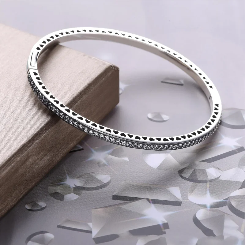 (zdjęcie do) Srebrna bransoletka bangle w kolorze jasnor&oacute;żowym z cyrkoniami sześcienny - Wyświetl 2