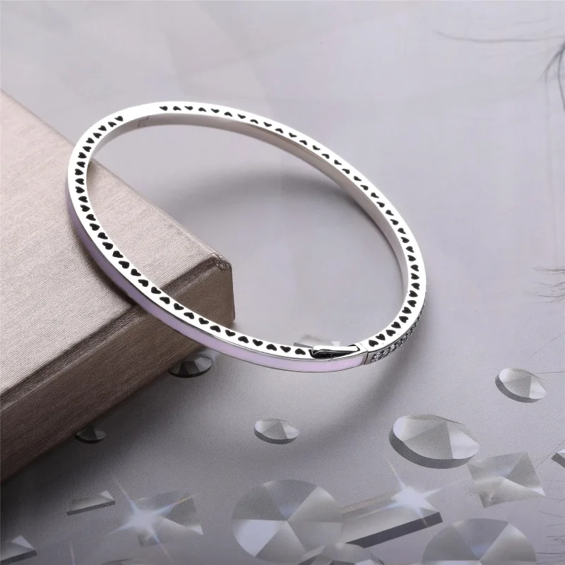 (zdjęcie do) Srebrna bransoletka bangle w kolorze jasnor&oacute;żowym z cyrkoniami sześcienny - Wyświetl 3