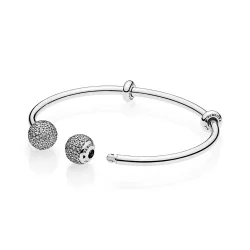 Srebrna otwarta bransoletka bangle Moments, wymienne końcówki, cyrkonia sześcienna | PANDORA