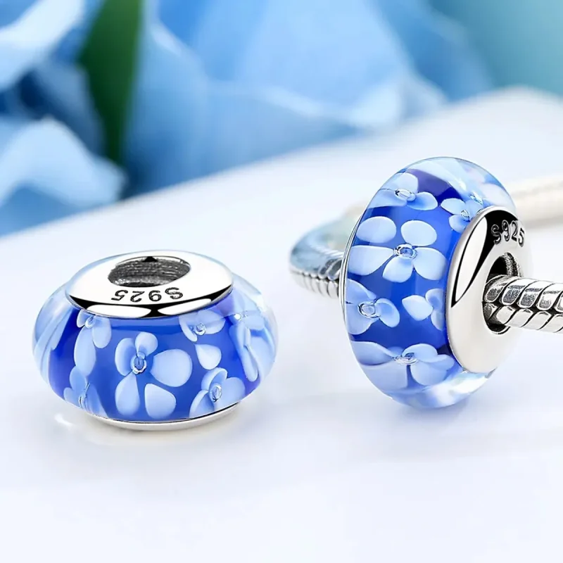 (zdjęcie do) Charms Typu Pandora Niebieskie Szkła Murano Białe Kwiaty - SCZ006 - Wyświetl 4