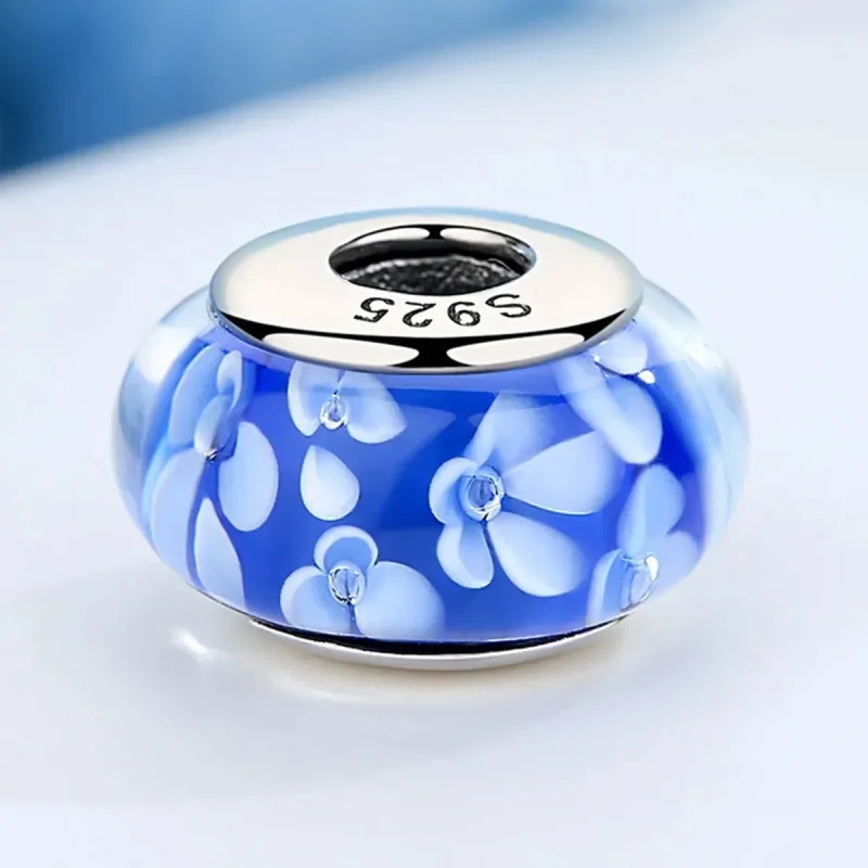 (zdjęcie do) Charms Typu Pandora Niebieskie Szkła Murano Białe Kwiaty - SCZ006 - Wyświetl 5