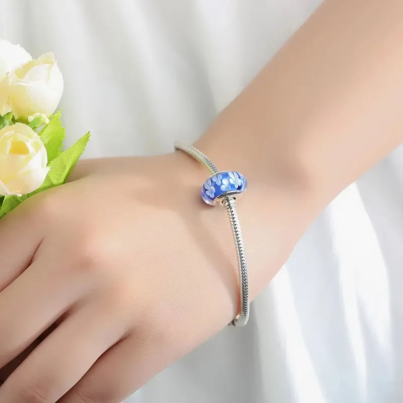 (zdjęcie do) Charms Typu Pandora Niebieskie Szkła Murano Białe Kwiaty - SCZ006 - Wyświetl 6