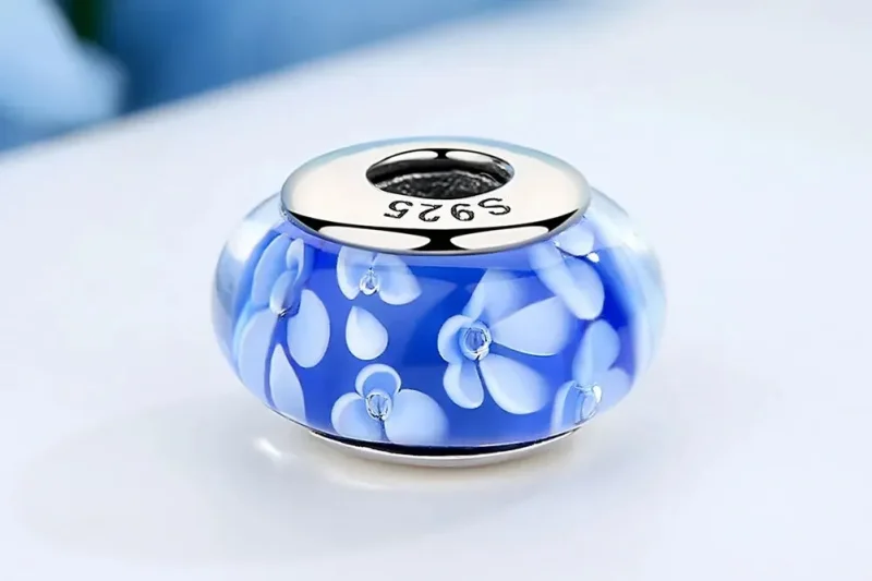 (zdjęcie do) Charms Typu Pandora Niebieskie Szkła Murano Białe Kwiaty - SCZ006 - Wyświetl 9