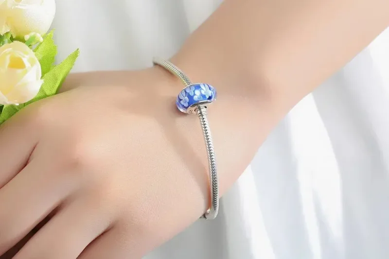 (zdjęcie do) Charms Typu Pandora Niebieskie Szkła Murano Białe Kwiaty - SCZ006 - Wyświetl 10