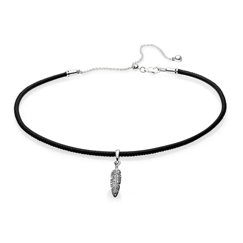 (zdjęcie do) Srebrny Choker, Czarna Skóra, Cyrkonia Sześcienna Pandora