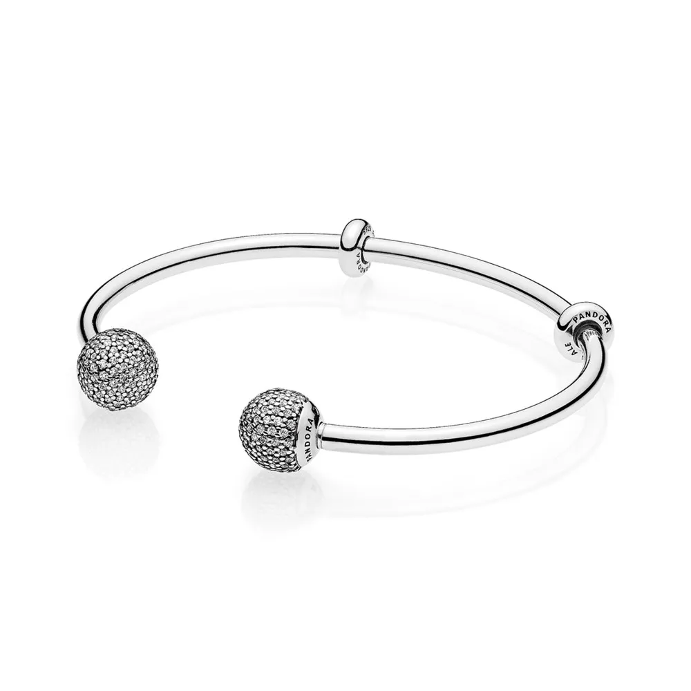 Srebrna otwarta bransoletka bangle Moments, wymienne końcówki, cyrkonia sześcienna | PANDORA