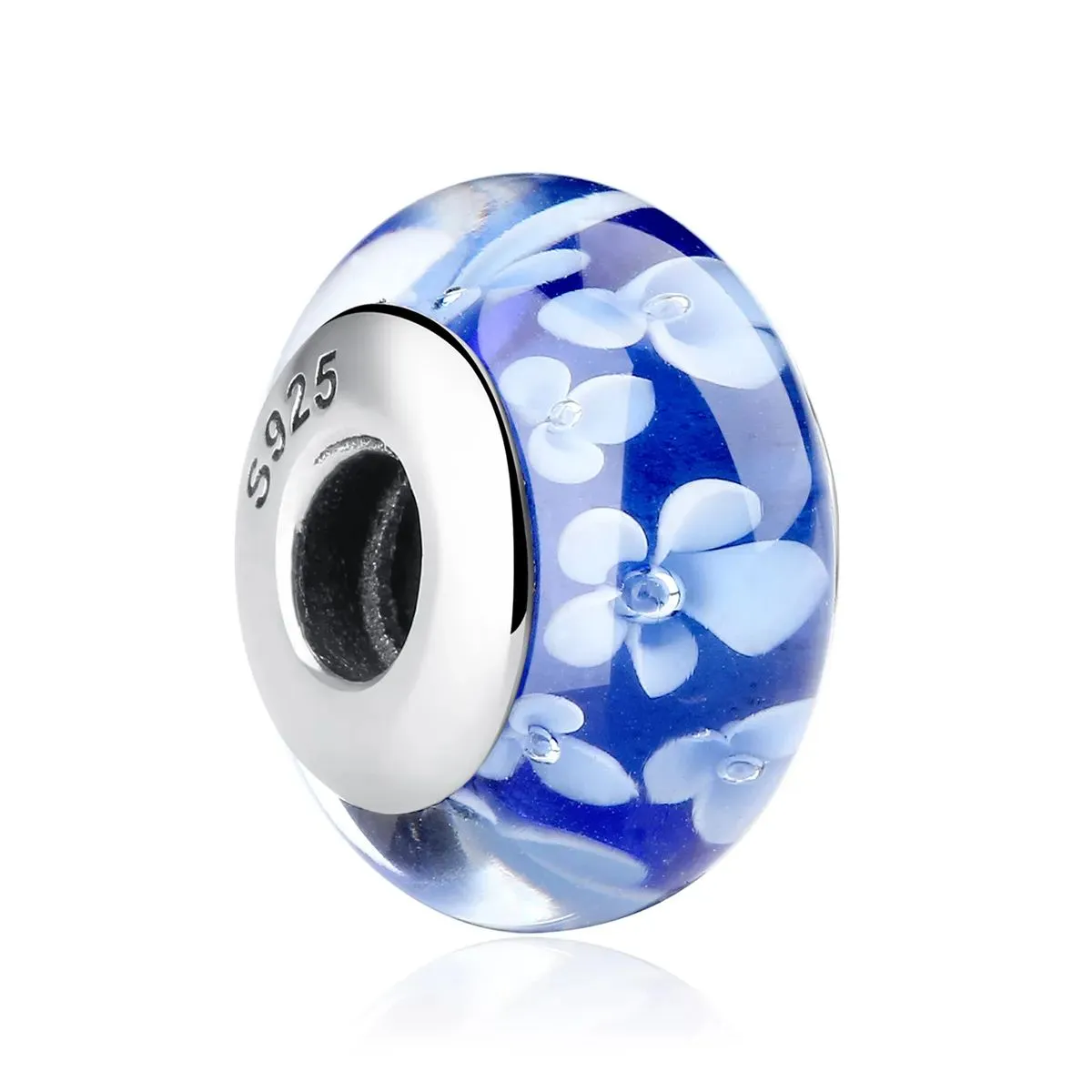 charms typu pandora niebieskie szkła murano białe kwiaty scz006